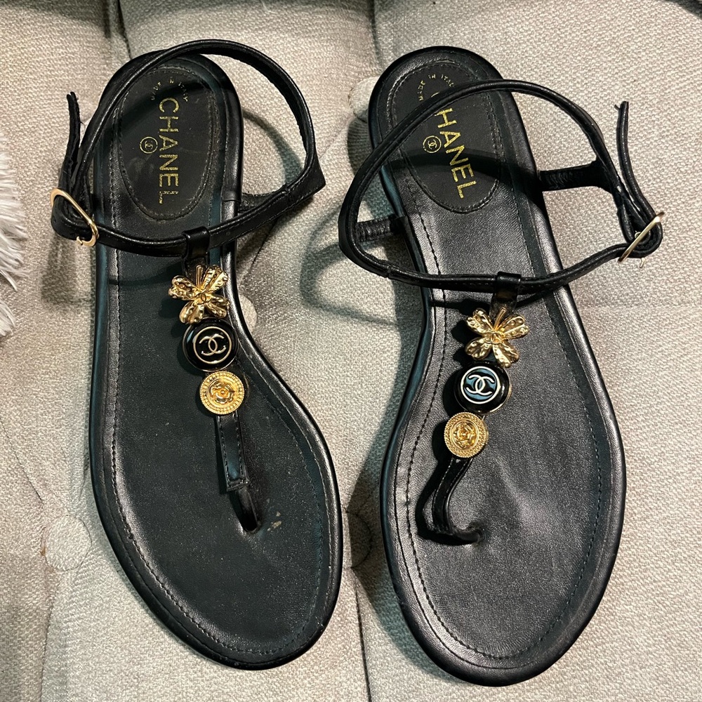 Authentic CHANEL Black Sandals with Gold Embellishments